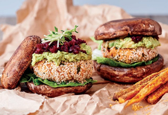 Vegan mushie burgers with the lot